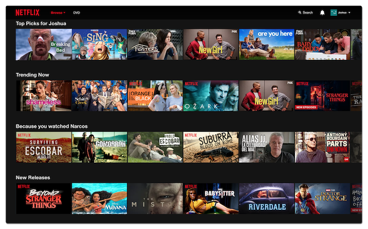 Netflix home screen displaying shows for a user named Joshua